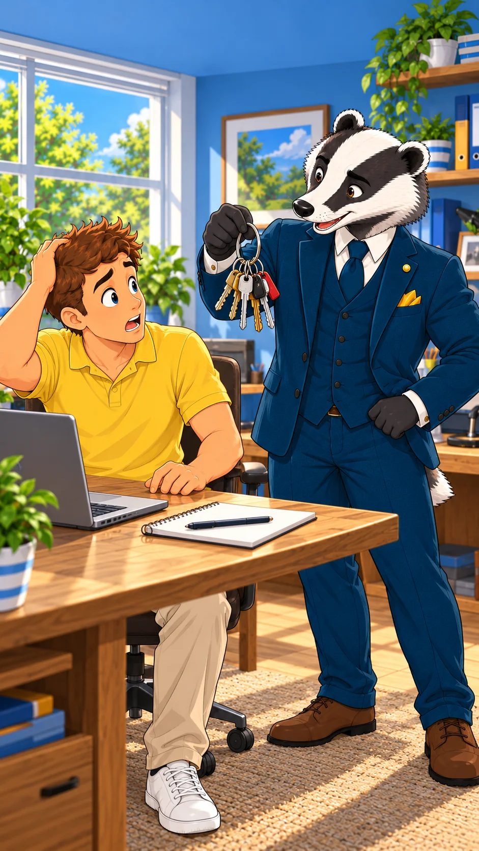 Mr. Dachs zeigt Ben im Büro einen Schlüsselbund.