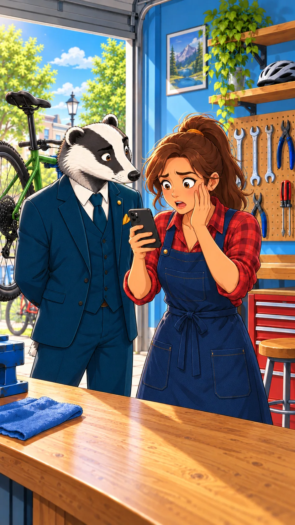 Eine Werkstattinhaberin schaut erschrocken auf ihr Smartphone, Mr. Dachs steht neben ihr.