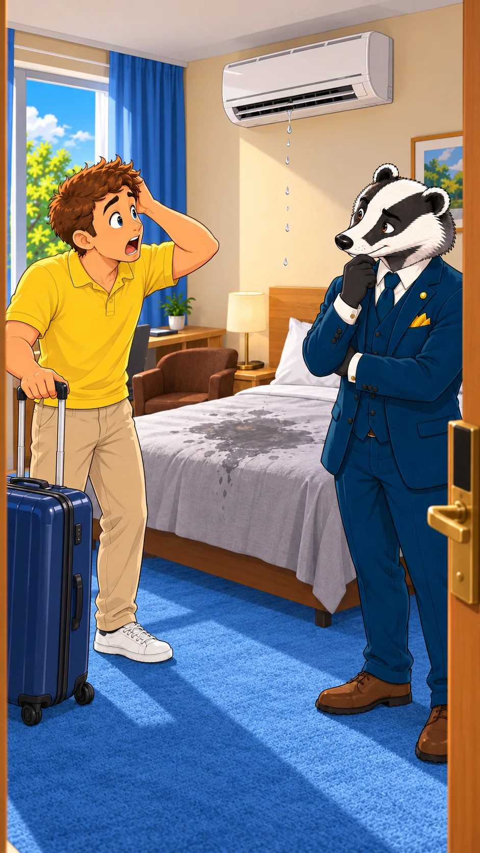 Ben und Mr. Dachs betrachten ein nasses Hotelbett unter einer tropfenden Klimaanlage.