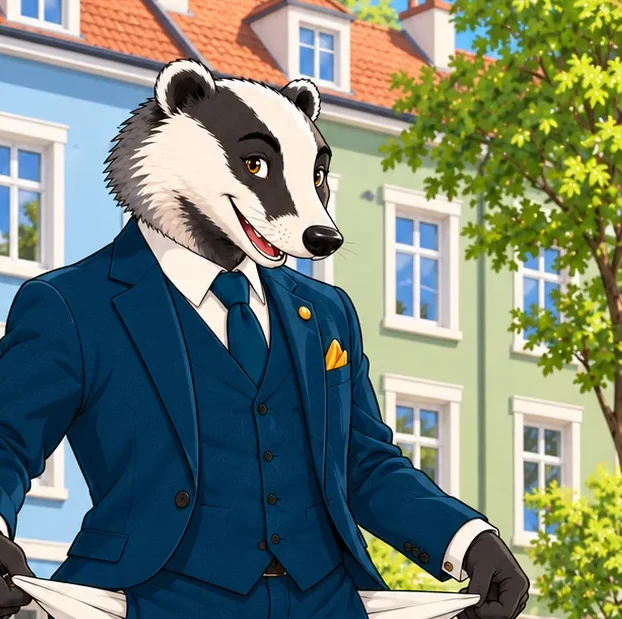 Mr. Dachs vor einem Haus